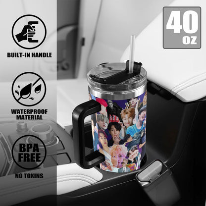 Purple BTS Collage 40 oz Tumbler w/ Handle - Insulated - Hot or Cold - Water Coffee - Travel Mug - Durable Stainless Steel - Straw Included