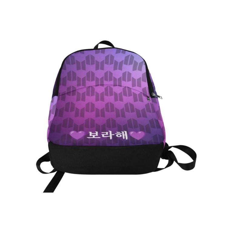 Borahae in Korean on BTS & ARMY Logos Fabric Backpack - K-Pop Inspired School Accessories - Bangtan - I Purple You - BTS Bag