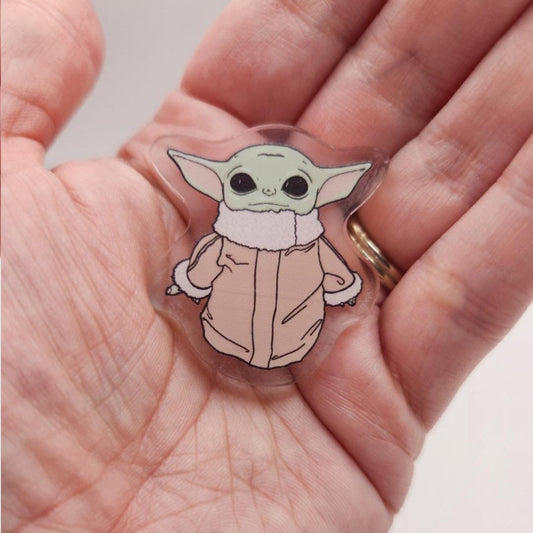 The Child 1.5" Clear Acrylic Pin w/ Yellow Star Silicone Back - Star Wars Grogu Baby Yoda Inspired Accessories - Geek Gift