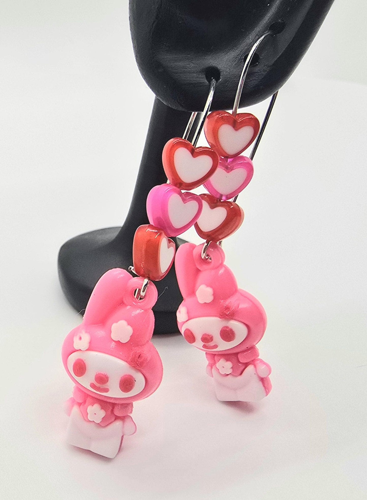 My Melody in Pink Bunny Suit Silicone Charms on Stainless Steel Kidney-shaped Dangle Earring Hooks - Cute Beaded Drop Earrings