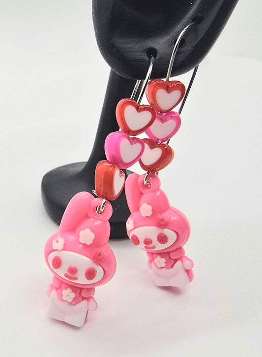 My Melody in Pink Bunny Suit Silicone Charms on Stainless Steel Kidney-shaped Dangle Earring Hooks - Cute Beaded Drop Earrings