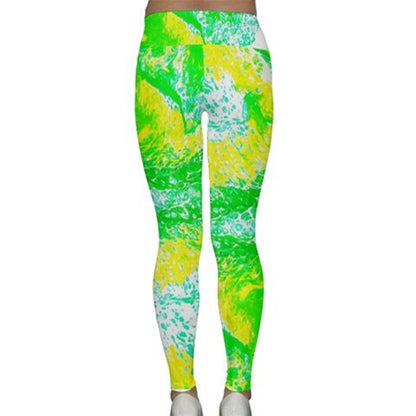 SAMPLE SALE - LARGE Green, Yellow, & White Acrylic Paint Pour Yoga Leggings - Roller Derby - Active Wear - Wearable Fluid Art - Abstract