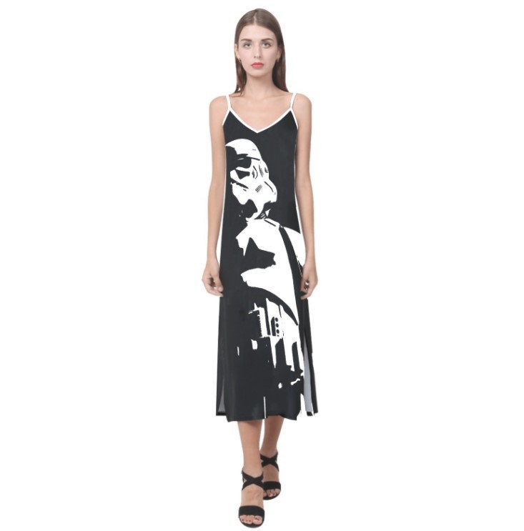 Tall Dark & Stormy Black and White V-Neck Slip Dress - Star Wars Stormtrooper Inspired Women's Fashion - Sleeveless - Spaghetti Strap