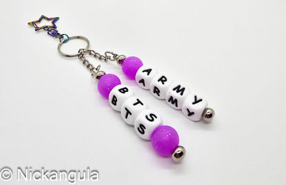 BTS ARMY Beaded Bag Charms on Star Clasp - K-Pop Inspired Purse Decoration - Stocking Stuffer Gift Idea - Letter Beads