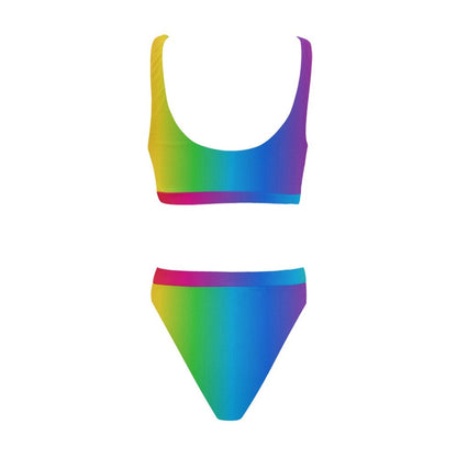 Rainbow Ombre Sport Top & High-Waist Bikini Swimsuit Set - High Cut Leg -  LGBTQIA+ Pride Bathing Suit - Swimwear - Gym Top - Colorful