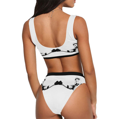 Stormtrooper Fist Bump Sport Top & High-Waist Bikini Swimsuit Set - Star Wars Inspired Swimwear - Black and White- High Cut Leg - Sexy Geek
