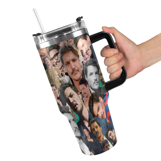 Pedro Pascal Collage 40 oz Tumbler w/ Handle - Insulated - Hot or Cold - Water Coffee - Travel Mug - Durable Stainless Steel - Straw