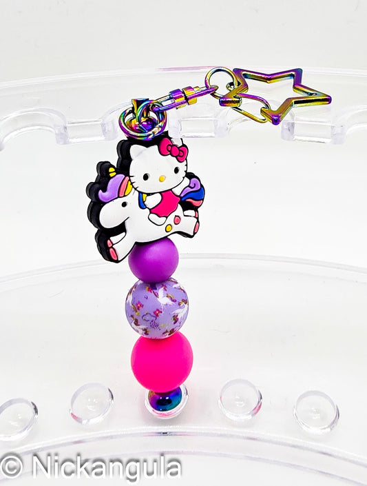 Hello Kitty on a Unicorn Beaded Bag Charm Keychain - Cute Purse Decoration - Rainbow Bar - Stocking Stuffer Gift Idea