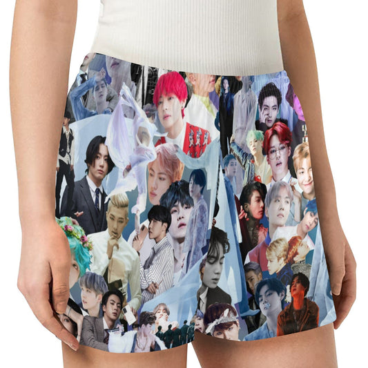 Gray BTS Collage Print Women's Pajama Shorts - K-Pop Inspired Sleepwear Loungewear - Jin Jimin JHope JungKook Suga RM V - Lounge Sleep