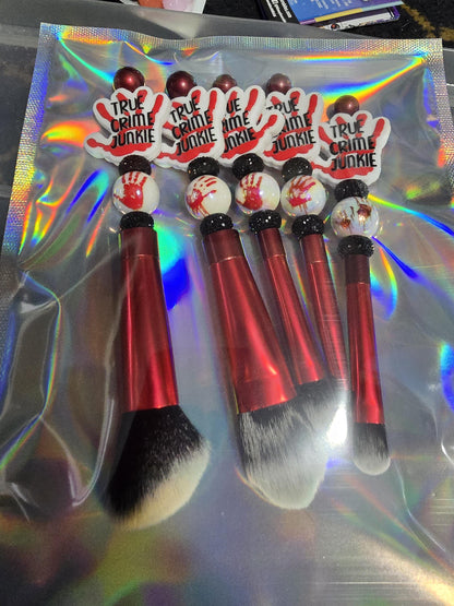 True Crime Junkie 5 pc Makeup Brush Set - Cosmetic Beauty Tools - Red and Black - Beaded - Brushes Gift Idea -Crime Mystery Podcast Fan