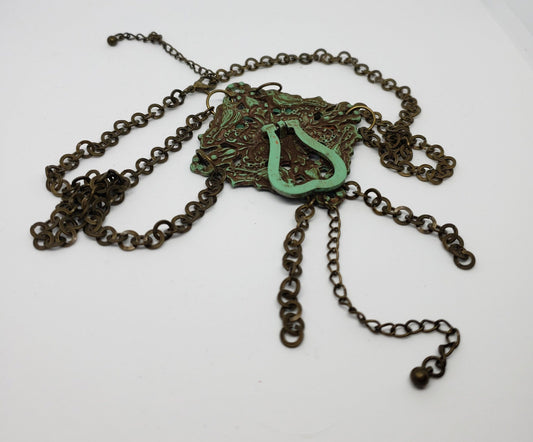 Knocker Necklace - Ornate Antique Style Jewelry - Green and Brass - Vintage-Look - Handmade - Victorian Style - Unique - Multi-Strand