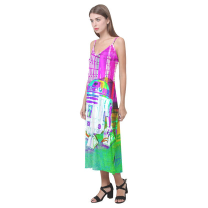 Rainbow Droid V-Neck Slip Dress - Star Wars Inspired Women's Fashion - Sleeveless - Spaghetti Strap - Geek Girl - R2-D2 - Artoo Detoo - Neon Dopamine Dressing
