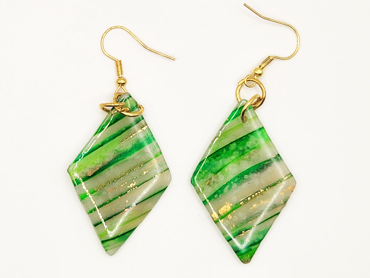 Handmade Medium Green, White & Gold Translucent Polymer Clay Diamond Dangle Earrings w/ Gold Colored Hooks - Dangly Drop Earrings - Ear Wire