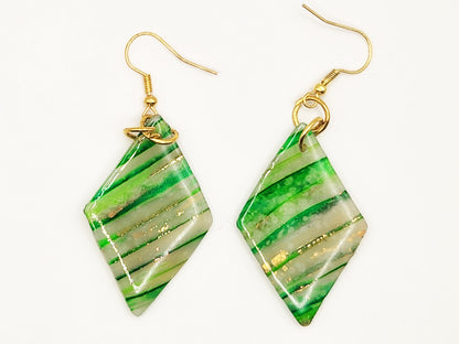 Handmade Medium Green, White & Gold Translucent Polymer Clay Diamond Dangle Earrings w/ Gold Colored Hooks - Dangly Drop Earrings - Ear Wire