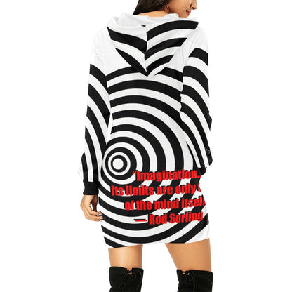 Rod Serling Imagination Quote Allover Print Women's Pullover Hoodie Mini Dress- Twilight Zone Inspired Hooded Sweatshirt Maximalist Fashion