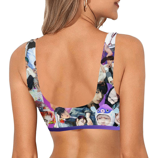 BTS Collage Print Sport Bikini Top - K-Pop Inspired Fashion - Swimwear - Activewear - Jin Jimin JungKook JHope Suga RM V - Purple Blue