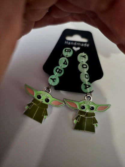 Baby Yoda Glow In The Dark Letter Beads & Enamel Charms on Stainless Steel Earring Hooks - Star Wars Grogu Inspired Jewelry