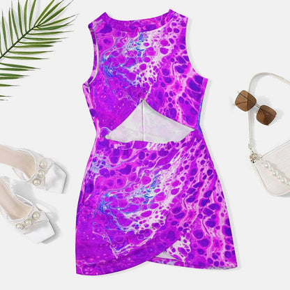 Acrylic Paint Pour Print Cutout Waist Twist Dress - Sleeveless - Artist Fashion - Blue or Purple - Artistic Texture 2026 Trends