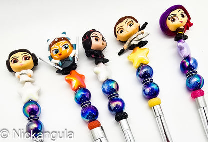 Ladies of The Galaxy 5 pc Beaded Makeup Brush Set - Upcycled Doorables - Star Wars Inspired Cosmetic Brushes - Leia Rey Ahsoka Fennec Sabine