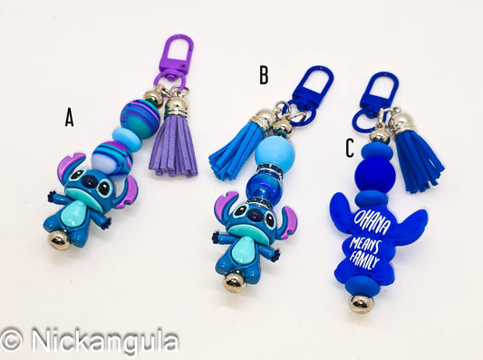 Stitch Bag Charms - Cute Alien Character Inspired Purse Decoration - Handbag Charm - Ohana Means Family - Hawaiian Saying - Leather Tassel