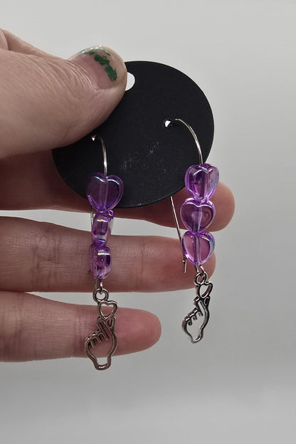 3 Options - K-Pop Finger Heart Dangle Earrings w/ Beaded Loop Earring Hooks - Drop Earrings - Purple Pink Blue White
