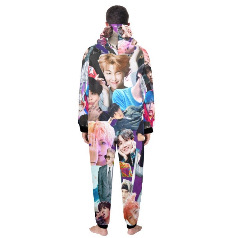 Purple BTS Collage Unisex Adult One Piece Onesie Pajamas - K-Pop Inspired Sleepwear Loungewear - Jin Jimin JHope JungKook Suga RM V - Lounge