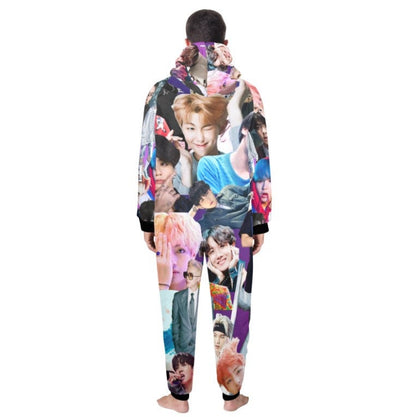 Purple BTS Collage Unisex Adult One Piece Onesie Pajamas - K-Pop Inspired Sleepwear Loungewear - Jin Jimin JHope JungKook Suga RM V - Lounge