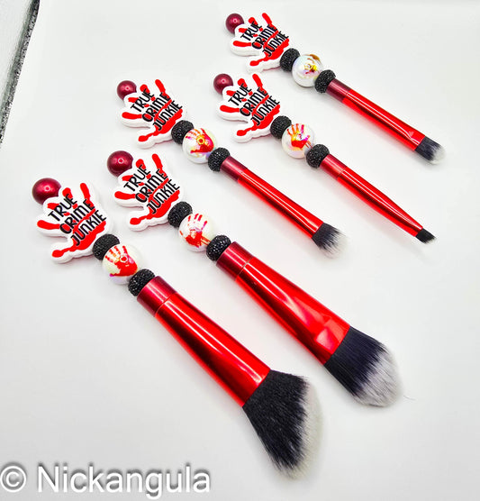 True Crime Junkie 5 pc Makeup Brush Set - Cosmetic Beauty Tools - Red and Black - Beaded - Brushes Gift Idea -Crime Mystery Podcast Fan