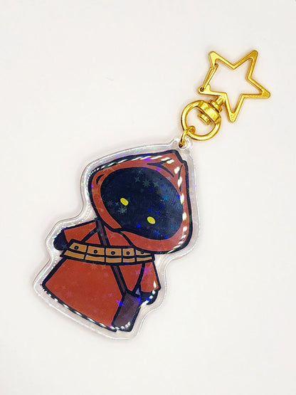Chibi Jawa Sparkly Acrylic Keychain with Gold Star-Shaped Key Ring - 3" Tall - Double Sided - Hologram - Star Wars Inspired Gift - Bag Charm