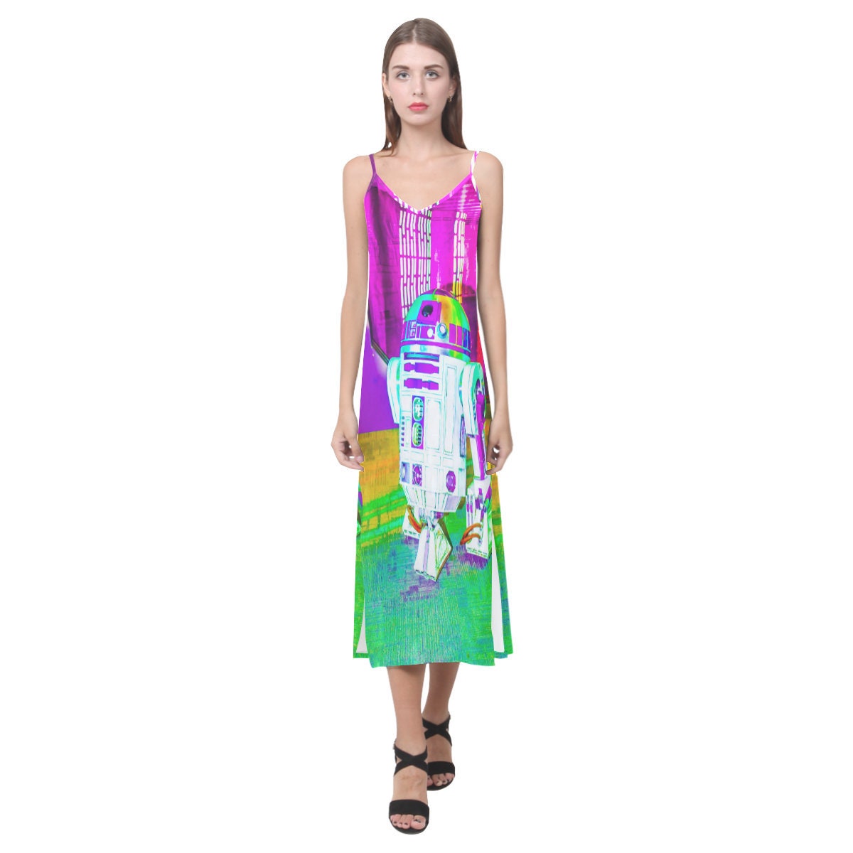 Rainbow Droid V-Neck Slip Dress - Star Wars Inspired Women's Fashion - Sleeveless - Spaghetti Strap - Geek Girl - R2-D2 - Artoo Detoo - Neon Dopamine Dressing