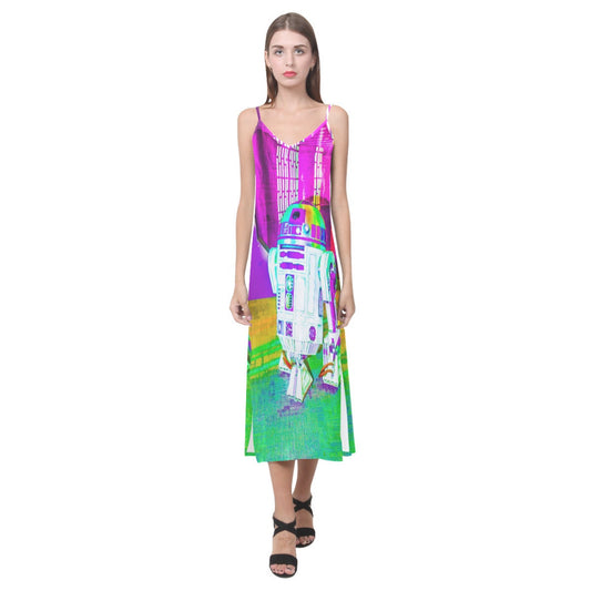 Rainbow Droid V-Neck Slip Dress - Star Wars Inspired Women's Fashion - Sleeveless - Spaghetti Strap - Geek Girl - R2-D2 - Artoo Detoo - Neon Dopamine Dressing