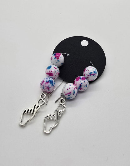 3 Options - K-Pop Finger Heart Dangle Earrings w/ Beaded Loop Earring Hooks - Drop Earrings - Purple Pink Blue White