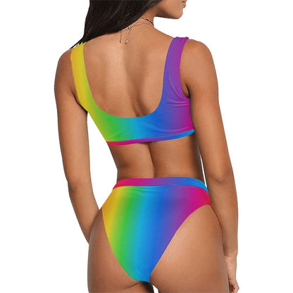 Rainbow Ombre Sport Top & High-Waist Bikini Swimsuit Set - High Cut Leg -  LGBTQIA+ Pride Bathing Suit - Swimwear - Gym Top - Colorful