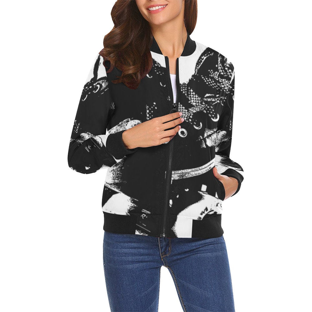 Derby Skates Women's Bomber Jacket w/ Solid Black Cuffs, Collar, & Waist - Roller Derby - Roller Girl - Roller Skating - Chicks in Bowls