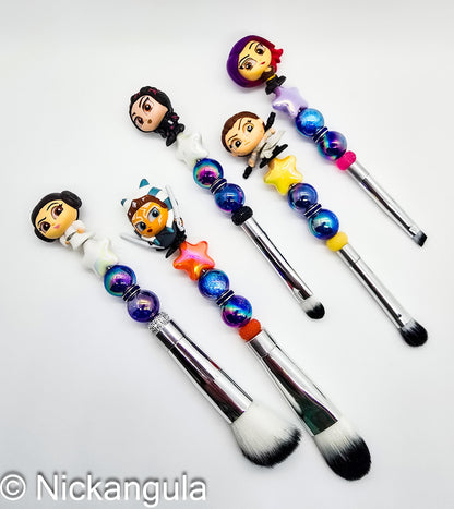 Ladies of The Galaxy 5 pc Beaded Makeup Brush Set - Upcycled Doorables - Star Wars Inspired Cosmetic Brushes - Leia Rey Ahsoka Fennec Sabine
