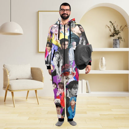 Purple BTS Collage Unisex Adult One Piece Onesie Pajamas - K-Pop Inspired Sleepwear Loungewear - Jin Jimin JHope JungKook Suga RM V - Lounge