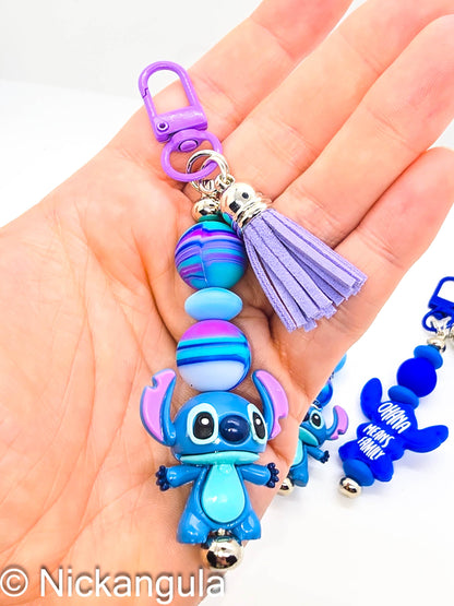 Stitch Bag Charms - Cute Alien Character Inspired Purse Decoration - Handbag Charm - Ohana Means Family - Hawaiian Saying - Leather Tassel