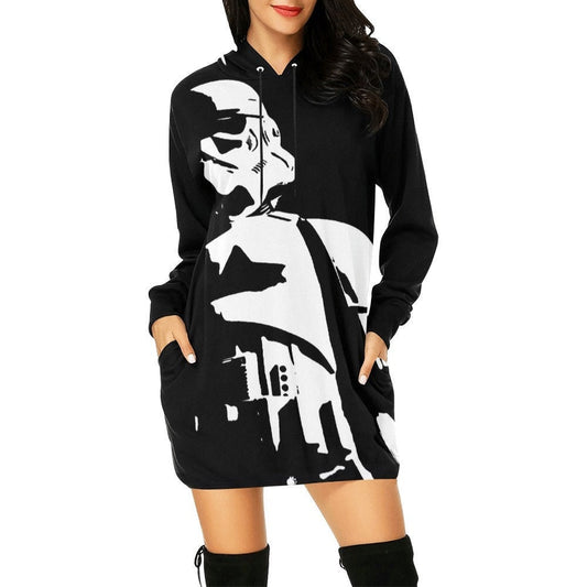 Tall Dark & Stormy Allover Print Women's Pullover Hoodie Dress- Star Wars Inspired Hooded Sweatshirt - Stormtrooper - 501st - Black White