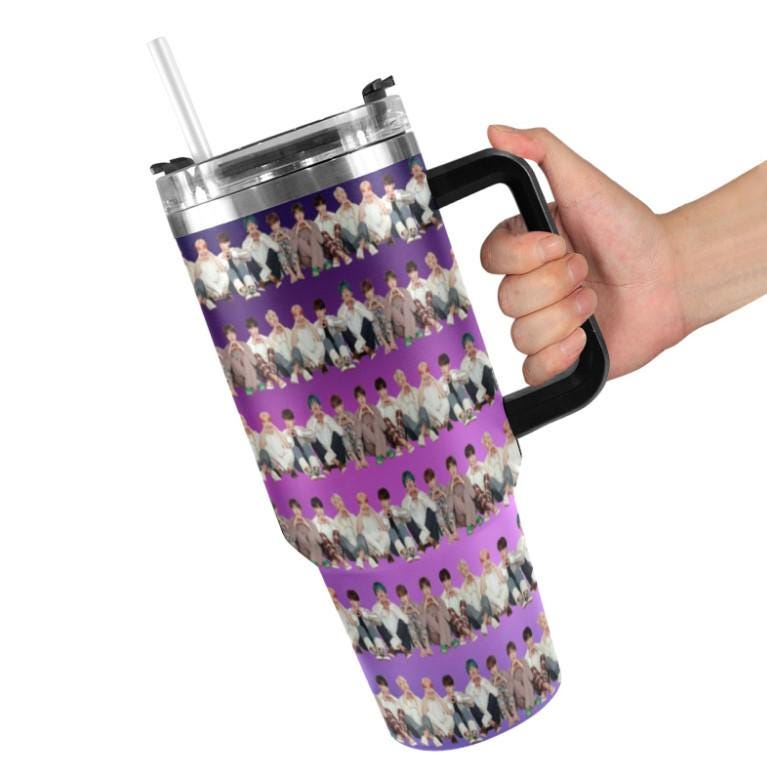 BTS Stripes 40 oz Tumbler w/ Handle - Insulated - Hot or Cold - Water - Coffee - Travel Mug - Durable Stainless Steel - Straw Included
