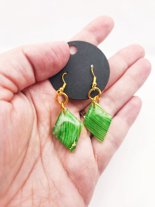 Handmade Small Striped Green, White & Gold Translucent Polymer Clay Diamond Earrings w/ Gold Colored Hooks - Dangly Drop Earrings Ear Wire