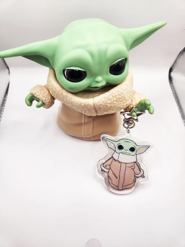 The Child Sparkly Acrylic Keychain w/  Star-Shaped Key Ring 3" Tall - Double Sided - Hologram - Star Wars Grogu Baby Yoda Inspired Bag Charm