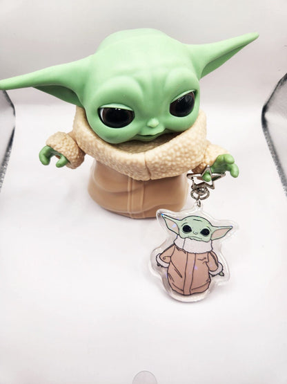 The Child Sparkly Acrylic Keychain w/  Star-Shaped Key Ring 3" Tall - Double Sided - Hologram - Star Wars Grogu Baby Yoda Inspired Bag Charm