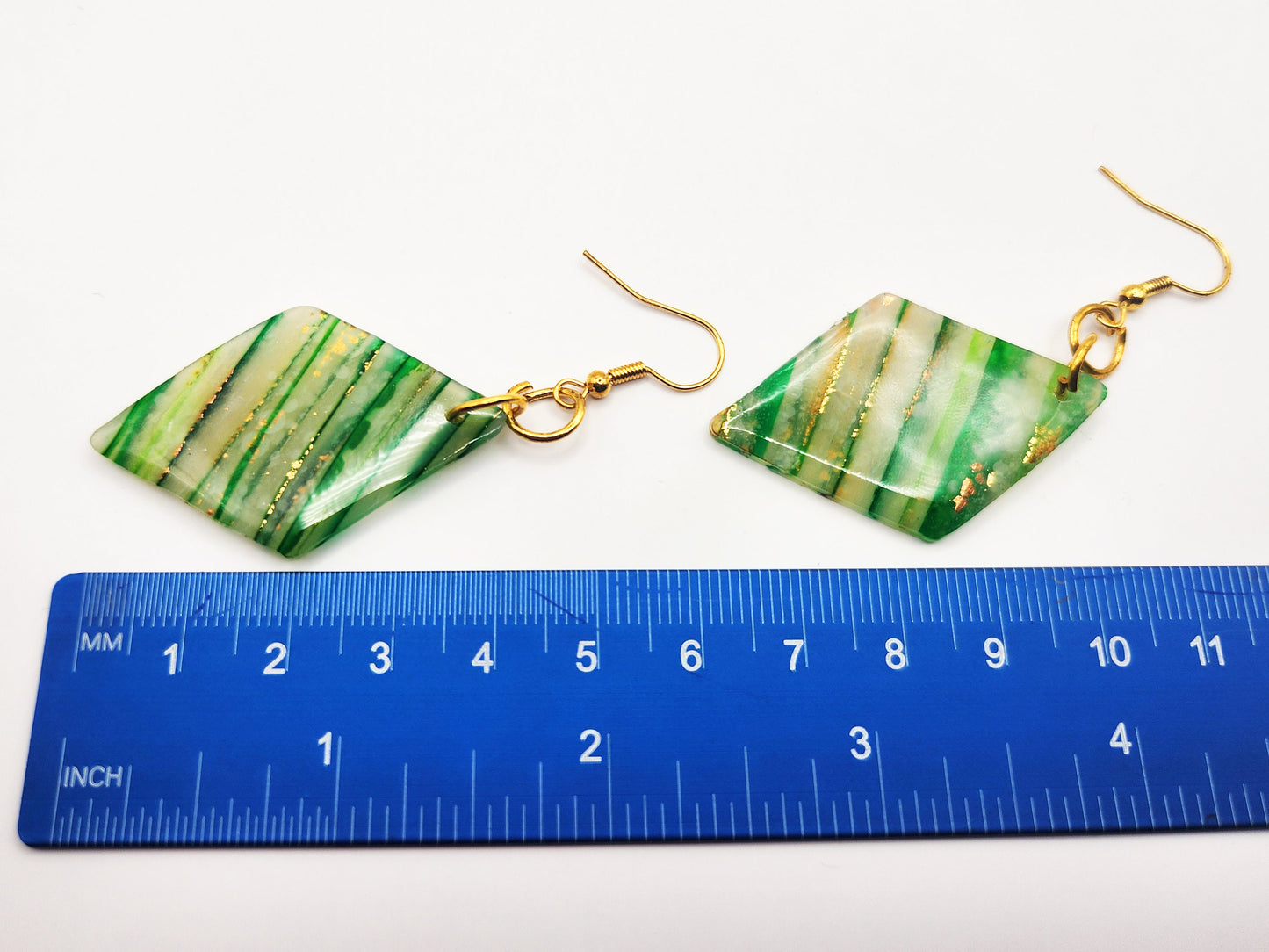 Handmade Medium Green, White & Gold Translucent Polymer Clay Diamond Dangle Earrings w/ Gold Colored Hooks - Dangly Drop Earrings - Ear Wire