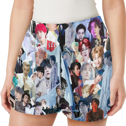 Gray BTS Collage Print Women's Pajama Shorts - K-Pop Inspired Sleepwear Loungewear - Jin Jimin JHope JungKook Suga RM V - Lounge Sleep