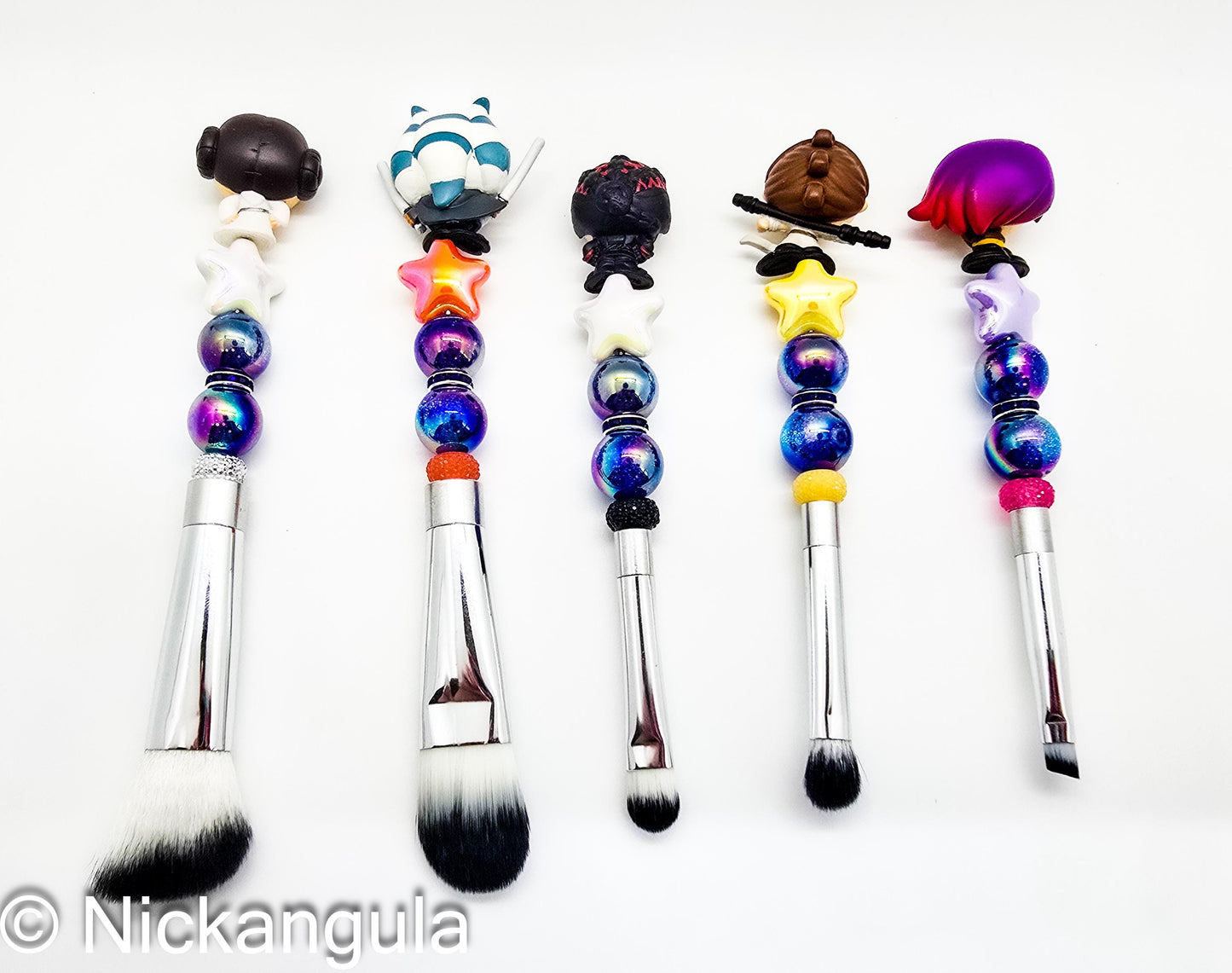 Ladies of The Galaxy 5 pc Beaded Makeup Brush Set - Upcycled Doorables - Star Wars Inspired Cosmetic Brushes - Leia Rey Ahsoka Fennec Sabine