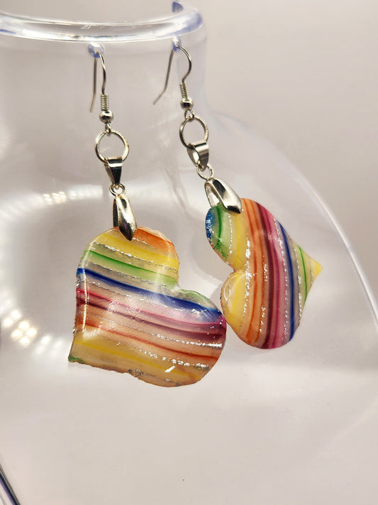 Handmade Medium Rainbow Stripes in Translucent Polymer Clay Heart Shaped Earrings w/ Silver Colored Hooks - Dangly Drop Dangle Ear Wire