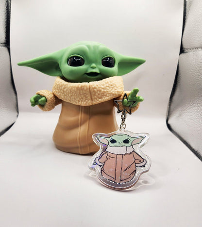 The Child Sparkly Acrylic Keychain w/  Star-Shaped Key Ring 3" Tall - Double Sided - Hologram - Star Wars Grogu Baby Yoda Inspired Bag Charm