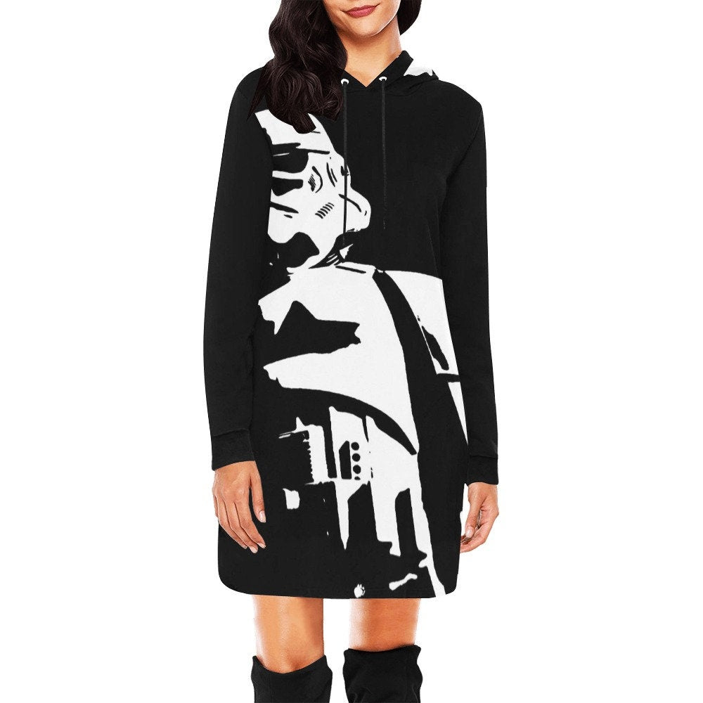 Tall Dark & Stormy Allover Print Women's Pullover Hoodie Dress- Star Wars Inspired Hooded Sweatshirt - Stormtrooper - 501st - Black White