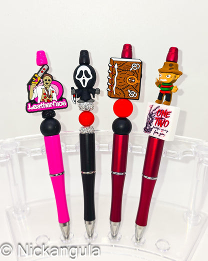 Horror Theme Beaded Ballpoint Pen - Scary Movie Inspired Pens - Silicone Beads & Plastic Pen - Leatherface Scream Necrinomicon Freddy