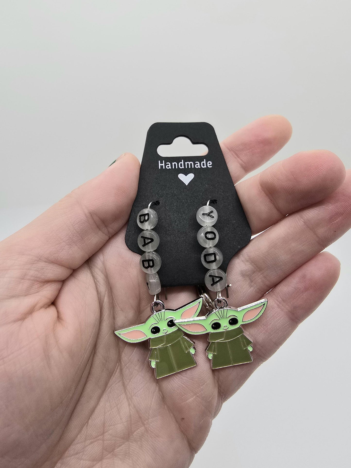 Baby Yoda Glow In The Dark Letter Beads & Enamel Charms on Stainless Steel Earring Hooks - Star Wars Grogu Inspired Jewelry